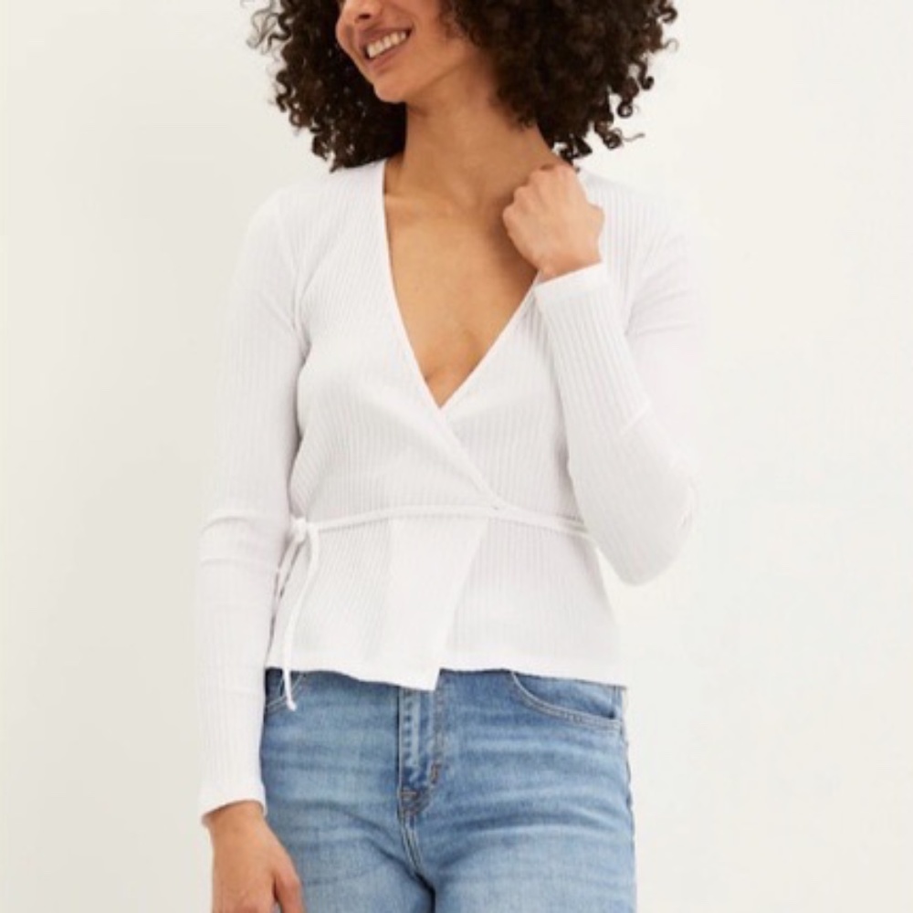 Frank & Oak White Ribbed Wrap Tie-Front Shirt / Blouse
